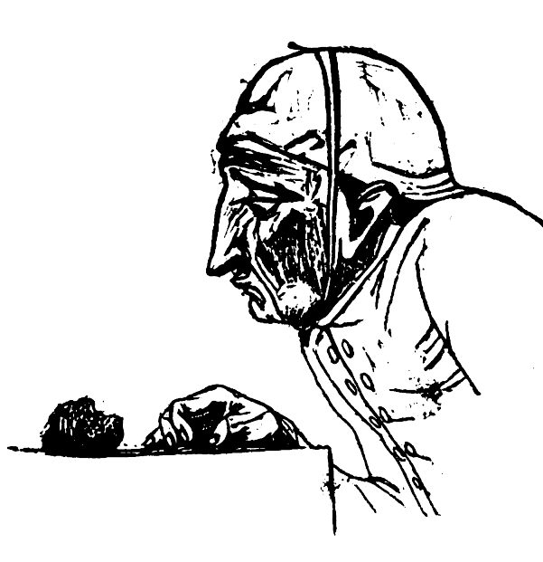 Picture of the Parsimonious man in Theophrastus' Characters.