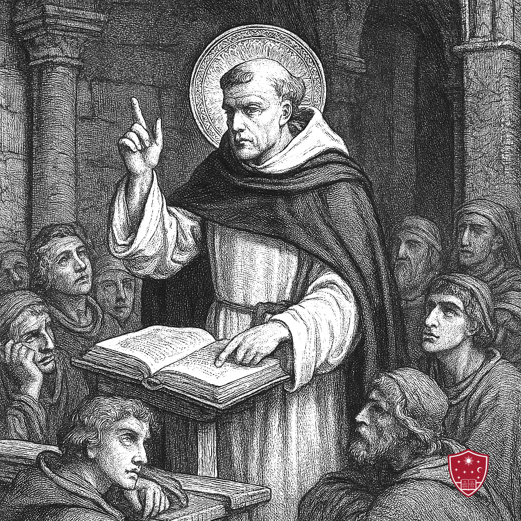 A black-and-white engraving in the style of Gustave Doré depicts St. Albert the Great, wearing a Dominican habit with a halo behind his head, teaching a group of medieval students. He stands at a lectern with an open book, gesturing upward with one hand while pointing to the text with the other. The background features Gothic stone arches, and the students, dressed in simple robes, listen intently with varied expressions of concentration and awe. The image is richly detailed with dramatic cross-hatching and high contrast typical of Doré’s engraving style.