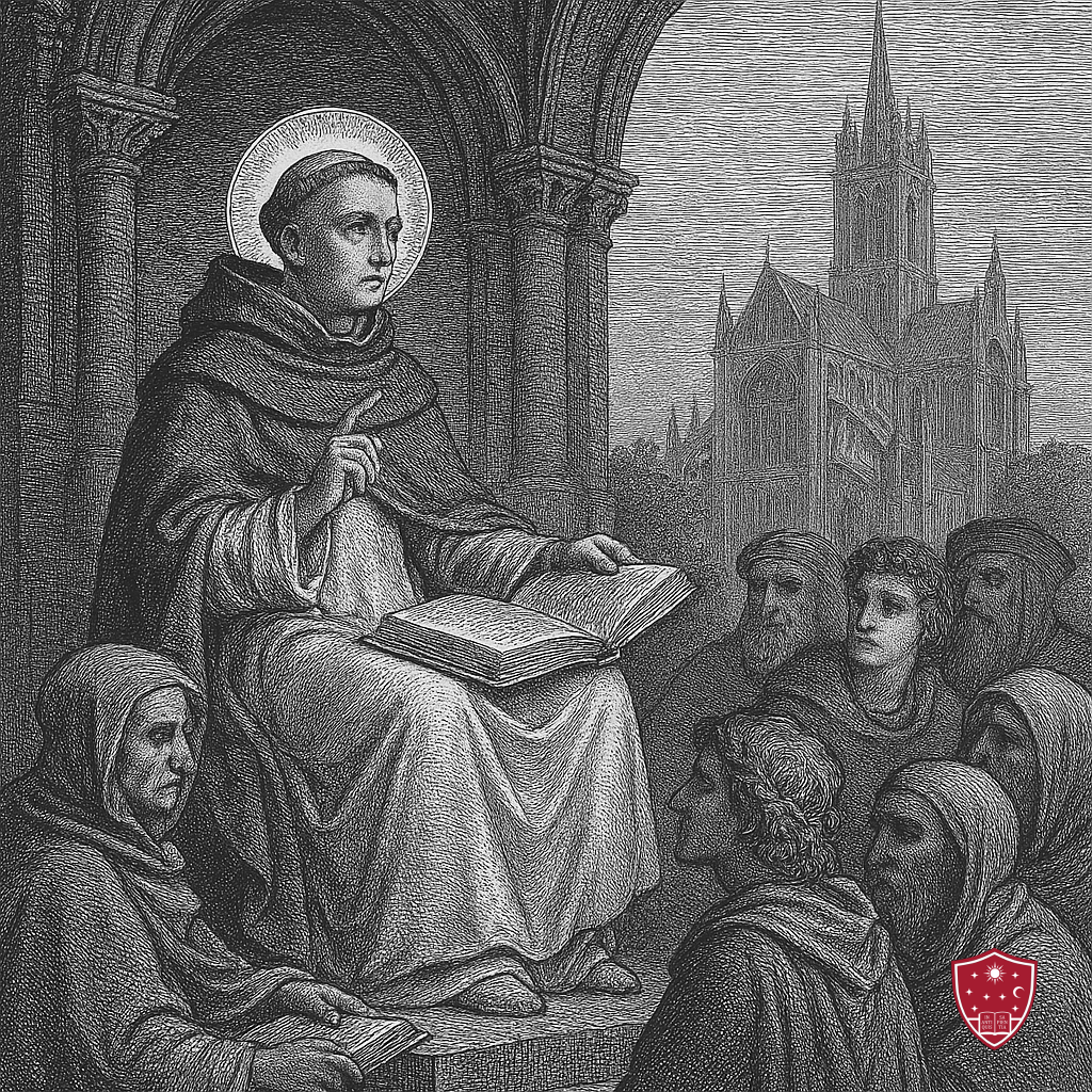 Engraved image of St. Thomas Aquinas teaching a group of scholars beneath Gothic arches, with a cathedral in the background and an open book on his lap.