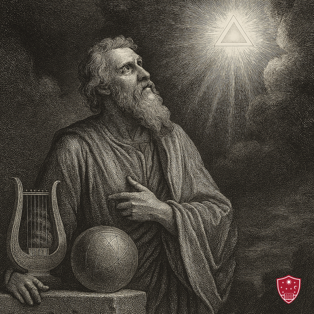 Classical Arithmetic - Engraved image of a philosopher contemplating a radiant triangle symbolizing divine wisdom, with a lyre and celestial globe at his side.