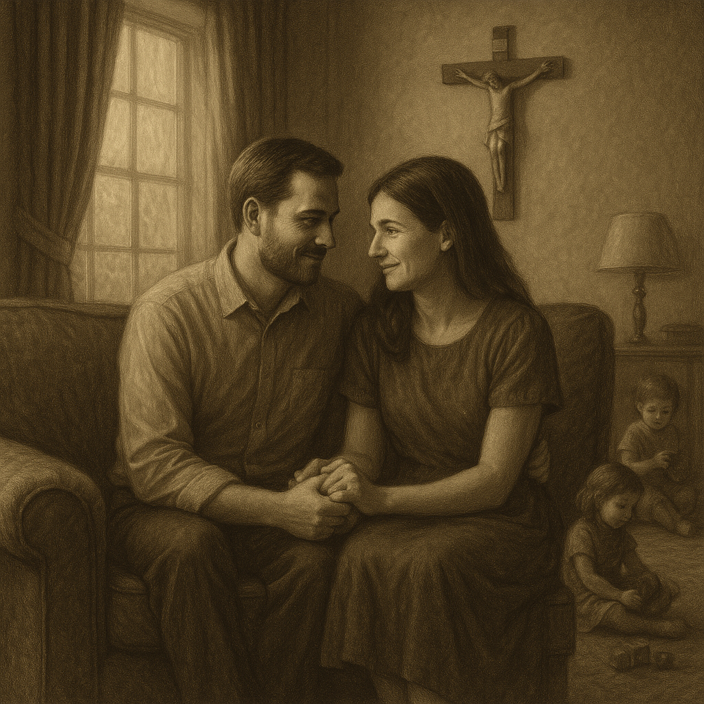 An engraved-style black-and-white image of a husband and wife seated closely on a couch, holding hands, while their young children quietly play nearby beneath a wall-mounted crucifix.