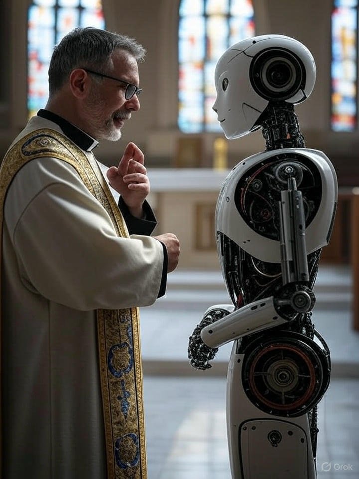 A priest and a robot.