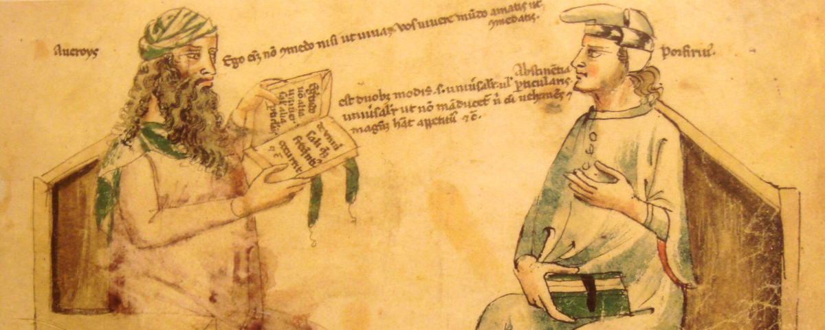 Imaginary debate between Averroes and third-century philosopher Porphyry. Monfredo de Monte Imperiali Liber de herbis, 14th century.