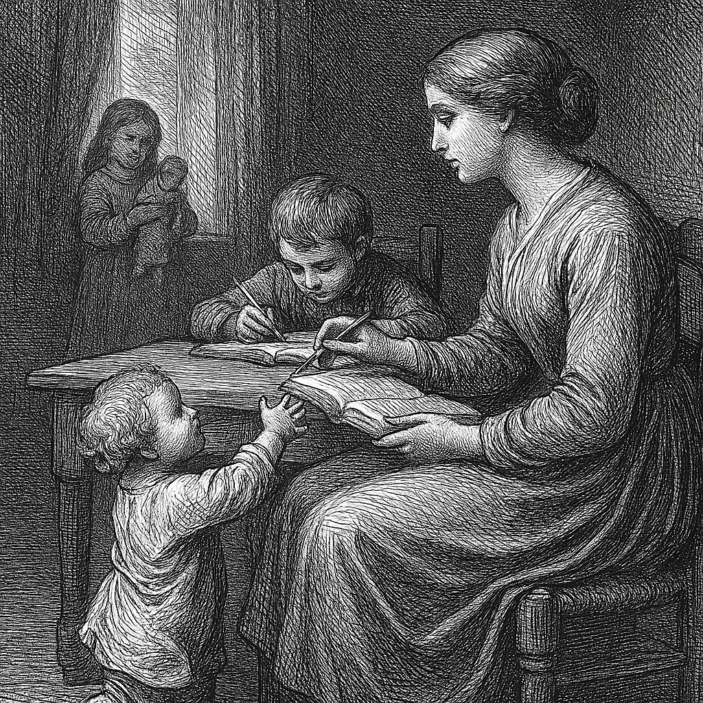 A black-and-white engraving of a mother teaching her children at a table while a toddler reaches up to her and a daughter stands in the background holding a doll.